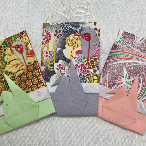 友禅和紙の『鶴と水引』のポチ袋(縦型) 5枚セット ぽち袋・お年玉袋