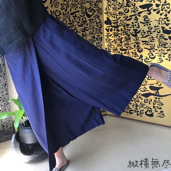 巻きスカート風ヘンプのパンツ　紺 3枚目の画像