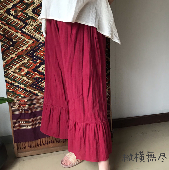 人魚のような裾たっぷりラッフルフレアのキュロットのコットンパンツ　赤        Ω 人気・おすすめ｜使いやすい・旅行におすすめ 品質保証 全国発送 日本国内発送・最短翌日お届け