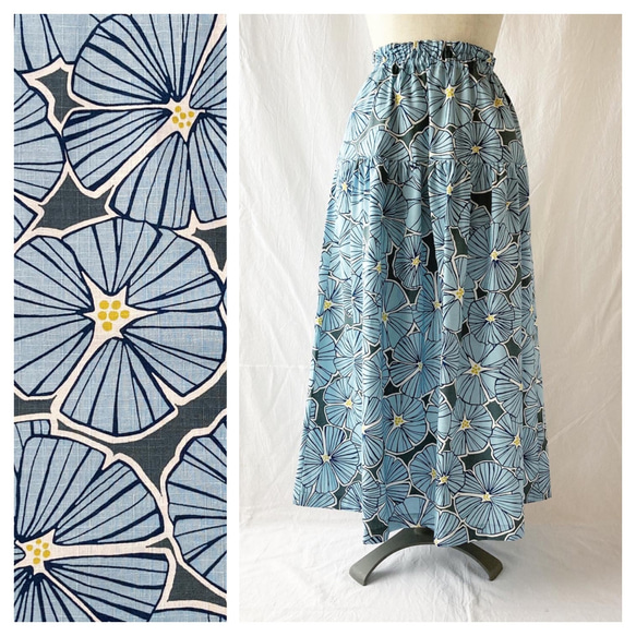 【日式花紋】飄逸迷人的分層裙：85厘米長（牽牛花：灰藍） 第1張的照片