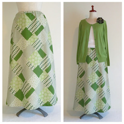 SALE!綿麻のお出かけロングスカート（パッチワーク：グリーン） 2枚目の画像