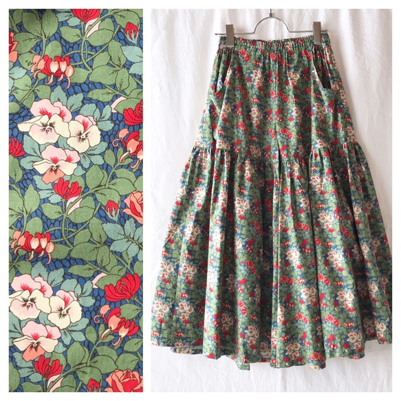 80厘米長：易於移動和可愛耀斑裙褲（復古花卉：綠色） 第1張的照片