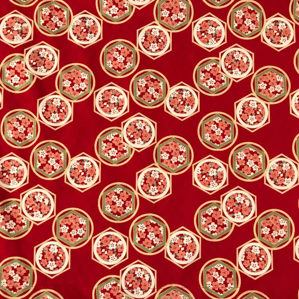 【和柄】はんなりと可愛いティアードスカート（花と亀甲：レッド）