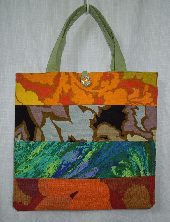★ぺったんこバッグで、近くへお買い物！マチなしパッチワーク×オレンジ緑系 – 4 2枚目の画像