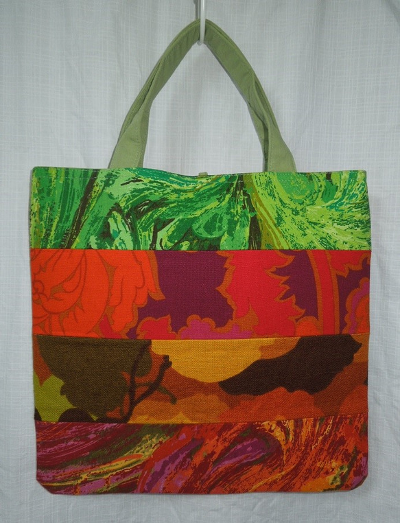★ぺったんこバッグで、近くへお買い物！マチなしパッチワーク×オレンジ緑系 – 4 3枚目の画像
