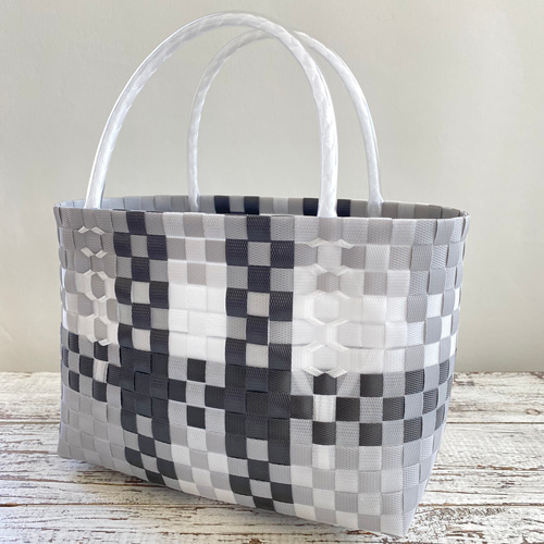 プラカゴバッグ　ppバンド ご注文品 プラかごバッグ 藍色×ホワイト Lサイズ プラカゴ プラカゴバッグ