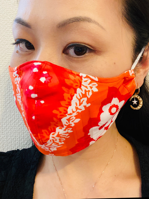 夏用　アロハマスク　おしゃれ　可愛い　立体マスク　布マスク　フィルターポケット　大きめ　赤とオレンジ　送料無料 2枚目の画像