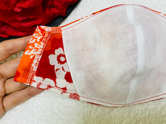 夏用　アロハマスク　おしゃれ　可愛い　立体マスク　布マスク　フィルターポケット　大きめ　赤とオレンジ　送料無料 4枚目の画像