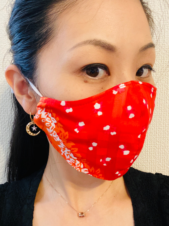 夏用　アロハマスク　おしゃれ　可愛い　立体マスク　布マスク　フィルターポケット　大きめ　赤とオレンジ　送料無料 6枚目の画像
