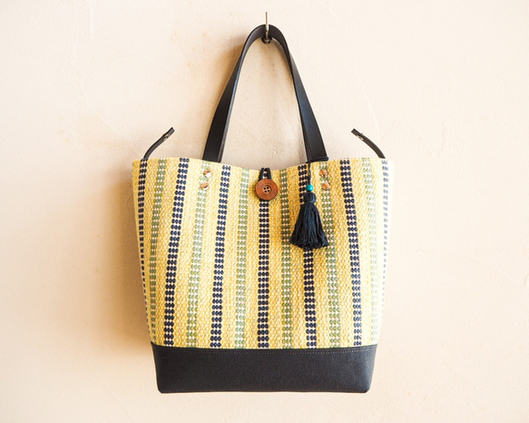 春季彩色邊框手工編織布桶手提袋（黃色） 第2張的照片