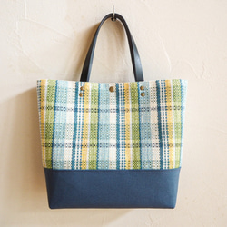 [SALE] 手工編織的方形手提袋，夏季格紋（藍色） 第2張的照片