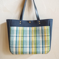 夏季彩色格紋手提袋配手工編織布袋（藍色） 第2張的照片