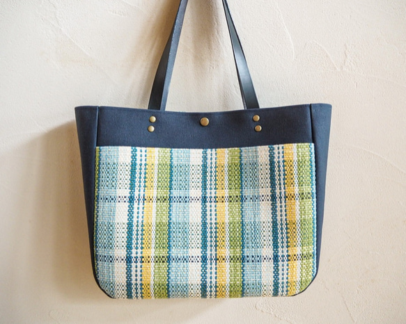 夏季彩色格紋手提袋配手工編織布袋（藍色） 第2張的照片