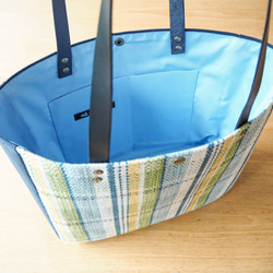 夏季彩色格紋手提袋配手工編織布袋（藍色） 第3張的照片