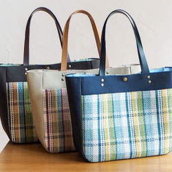 夏季彩色格紋手提袋配手工編織布袋（藍色） 第6張的照片