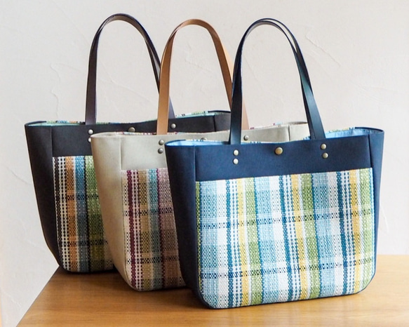 夏季彩色格紋手提袋配手工編織布袋（藍色） 第6張的照片