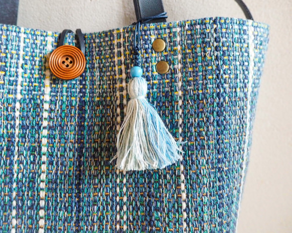 手工編織秋季粗花呢水桶托特包 (藍色) 第4張的照片