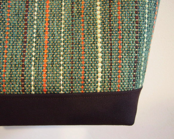 秋色ミックスカラー手織り布のランチトートL（フォレストグリーン） 4枚目の画像