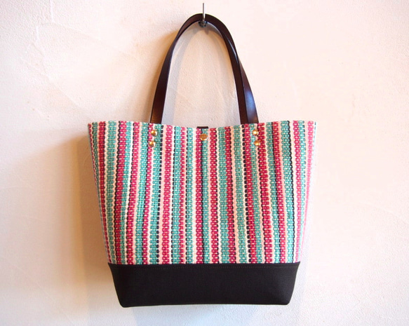 [出售]手工編織鮮豔彩色條紋午餐手提包L（玫瑰/薄荷） 第2張的照片