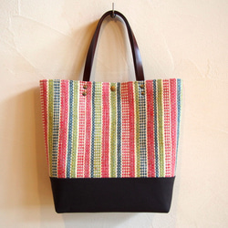 [SALE]手工編織的拼布風格條紋方形手提袋（玫瑰色） 第2張的照片