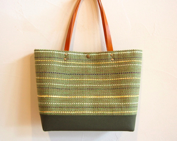 手工編織秋混色手提袋（綠色） 第1張的照片