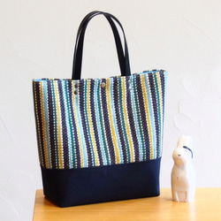 [SALE]手工編織的秋季多條紋方形手提袋（藏青色） 第1張的照片