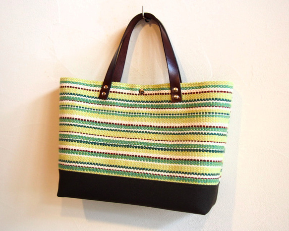 [Creema限於快樂袋的下落]手工編織多色手提包和所述一組（綠色）的門廊 第7張的照片