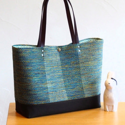 秋色ツイード風手織り布のトートバッグ（ブルー） 2枚目の画像