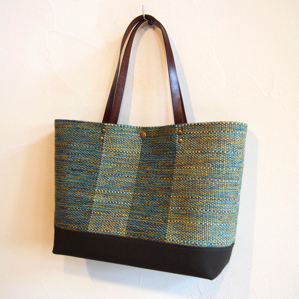 秋花呢風格的手工編織的布手提袋（藍色） 第5張的照片