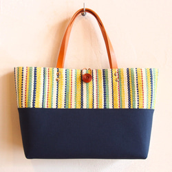 春季多色條紋水平長手提袋（油菜花/藍色） 第2張的照片