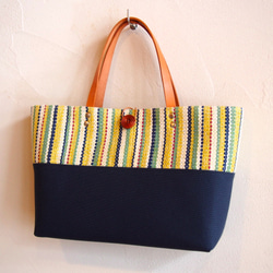 春季多色條紋水平長手提袋（油菜花/藍色） 第5張的照片