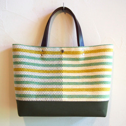 【在庫処分SALE】初夏のボーダー手織り布のトートバッグ（グリーン） 2枚目の画像