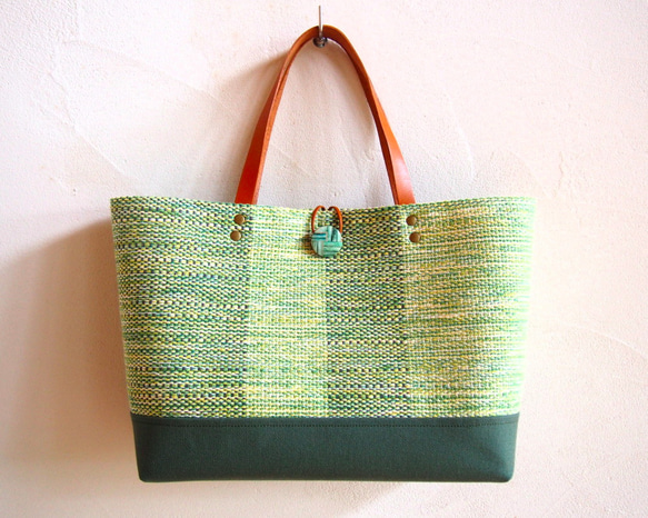 夏季粗花呢手織布水平長手提袋（綠色） 第2張的照片