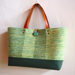 夏季粗花呢手織布水平長手提袋（綠色） 第5張的照片