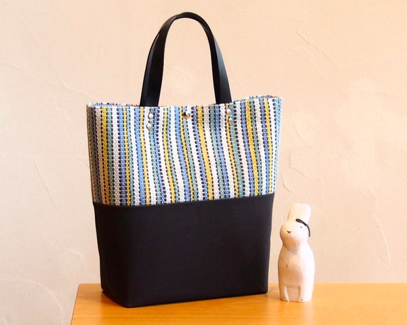 [夏天的幸運包]手織多色方形手提袋和一套袋（藍色） 第6張的照片