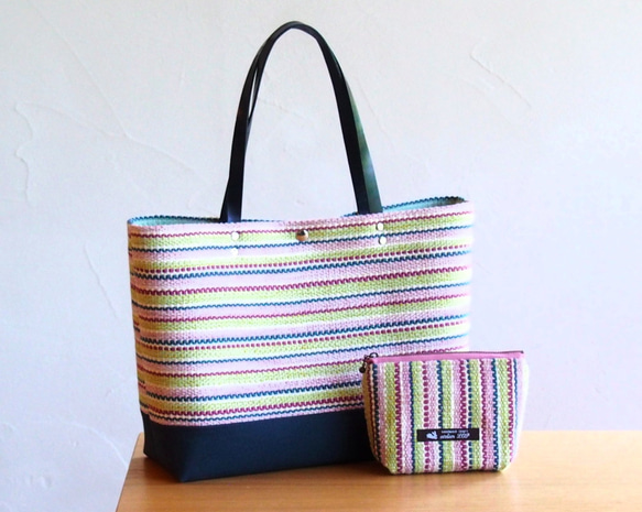 【夏日幸運包】手工編織法國彩色手提袋和小袋套裝（粉紅色） 第1張的照片