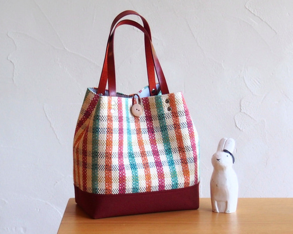 手工編織夏季顏色格紋手提袋（玫瑰色） 第1張的照片