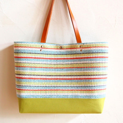 夏のフレンチカラー手織り布のトートバッグ（グリーン） 2枚目の画像