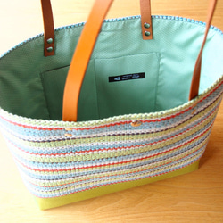 夏のフレンチカラー手織り布のトートバッグ（グリーン） 3枚目の画像