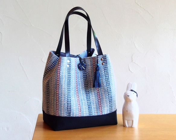 夏季果子露彩色手工編織布桶手提包（藍色） 第1張的照片