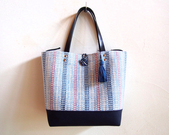 夏季果子露彩色手工編織布桶手提包（藍色） 第2張的照片