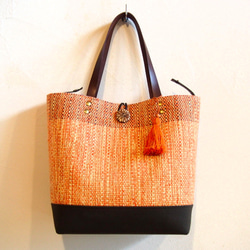 混合粗花呢手工編織布桶手提包（橙色） 第2張的照片