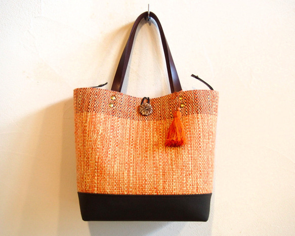 混合粗花呢手工編織布桶手提包（橙色） 第2張的照片