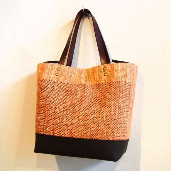 混合粗花呢手工編織布桶手提包（橙色） 第5張的照片