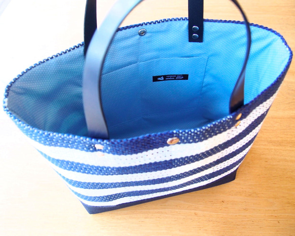 【秋季幸運袋】簡約邊框手工編織布大號手提包（海軍藍） 第3張的照片
