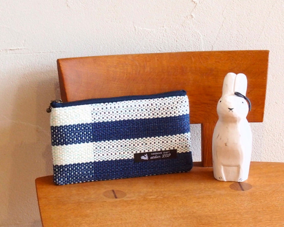 【秋季幸運袋】簡約邊框手工編織布大號手提包（海軍藍） 第8張的照片