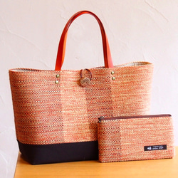 【秋季幸運袋】混合粗花呢手織布水平長手提包和小包（橙色） 第1張的照片