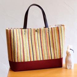 秋季彩色條紋手工編織布手提袋（黃色） 第1張的照片