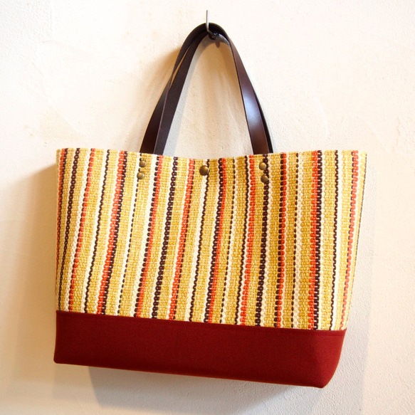 秋季彩色條紋手工編織布手提袋（黃色） 第5張的照片