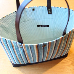 【SALE】秋色ストライプ手織り布のトートバッグ（グリーン） 3枚目の画像